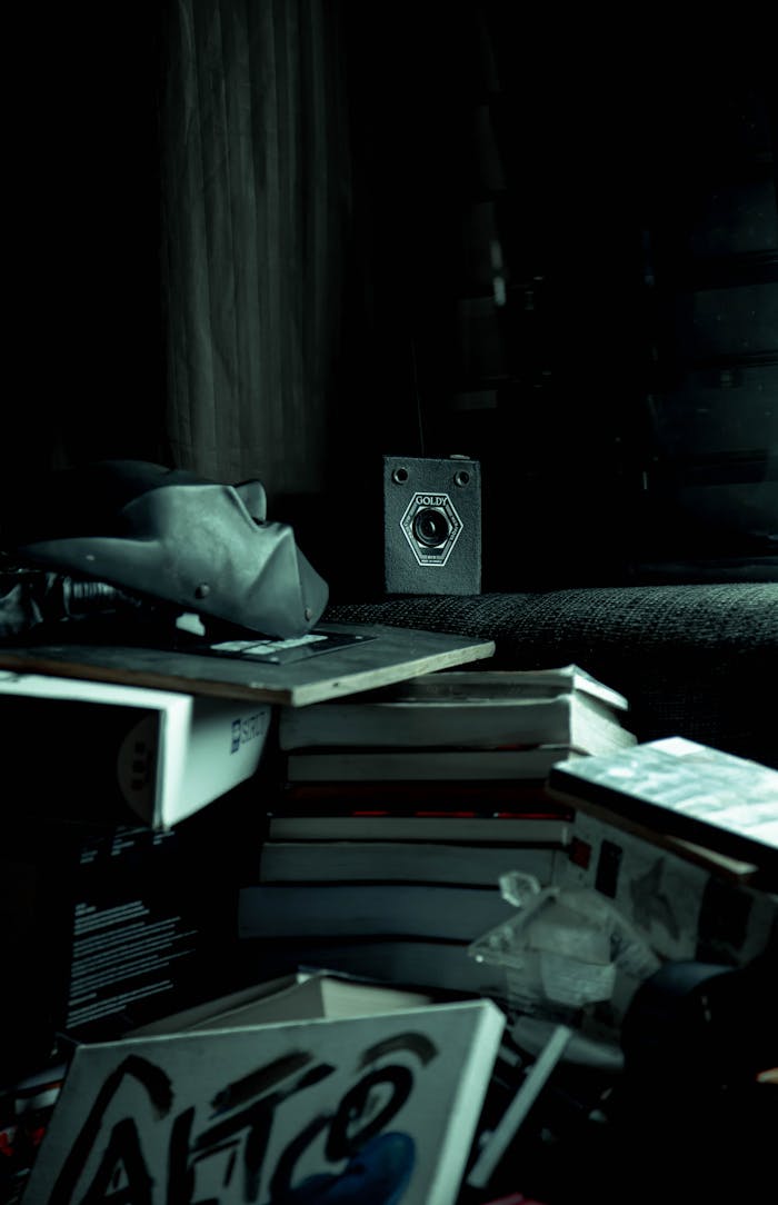 A nostalgic scene featuring a retro camera amidst a clutter of stacked books on a dark sofa.