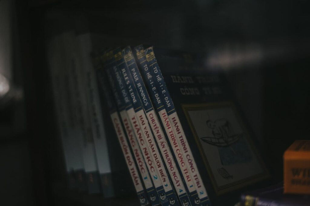 Close-up of books on a shelf in a dimly lit indoor setting. Ideal for educational themes.