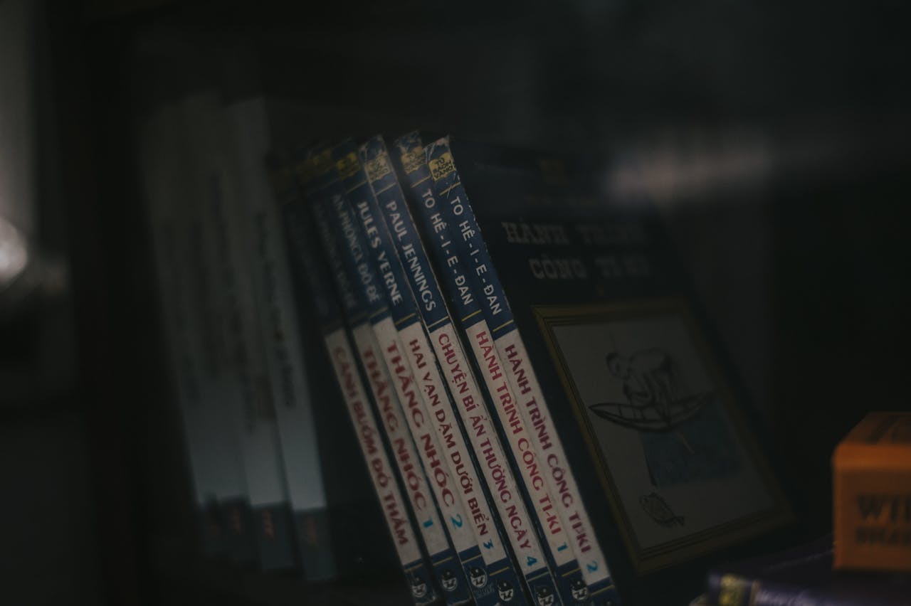 Close-up of books on a shelf in a dimly lit indoor setting. Ideal for educational themes.